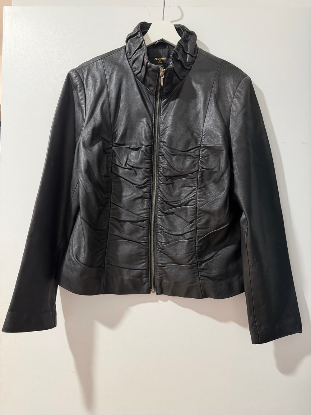 Clothes by Revue Black Real Leather Ruched Jacket Sz XL High Collar Classic